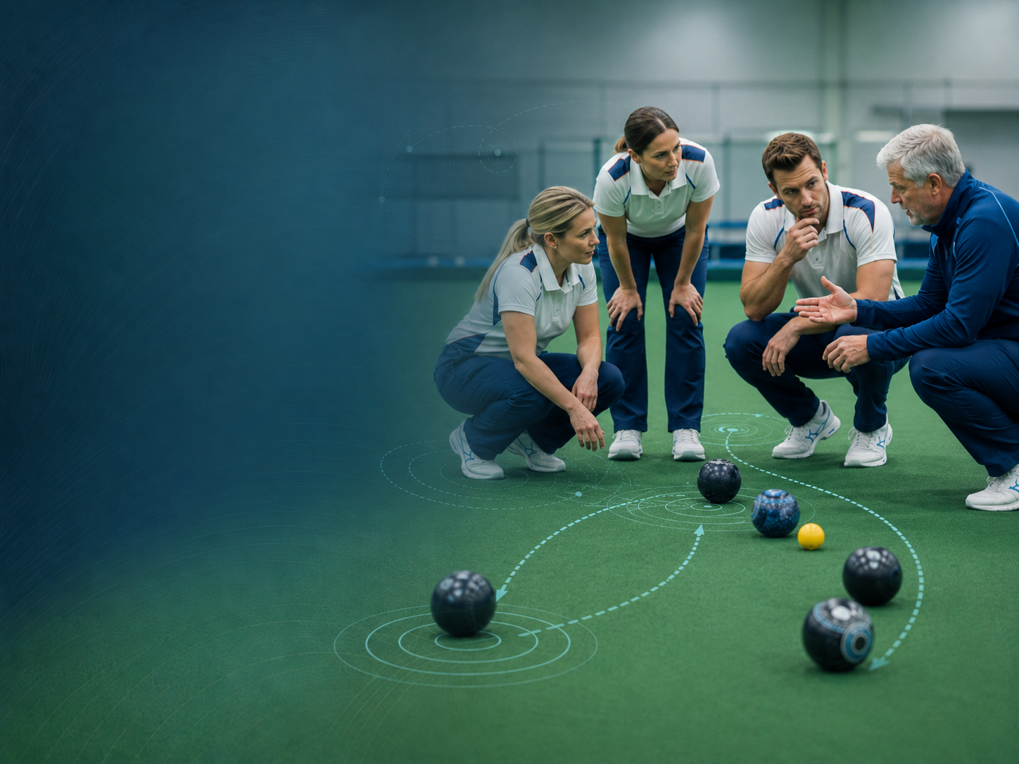 Team discussion during a lawn bowls match